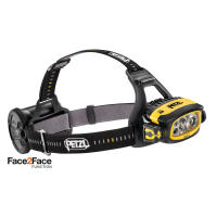 High performance hybrid waterproof headlamp: halogen / 14 LEDs with 3 regulated lighting levels, rechargeable battery and rapid charger.