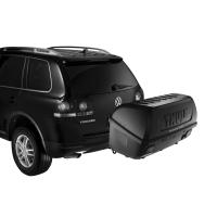 Full-featured hitch cargo box with tilt-down design for partial access to trunk, hatch, or tailgate.
