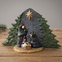 A beautiful hand-painted tabletop family nativity scene, recreated with black bears from the north.