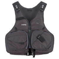 A medium profile, high back fishing PFD with two large zipper pockets