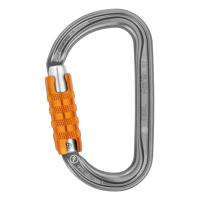 Asymmetrical locking carabiner with excellent strength-to-weight ratio for use at the end of a lanyard.